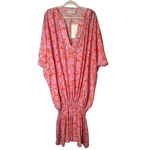 Azulu Columbia Pink Orange Venetian Floral Kaftan Dress Viscose Tropical NWT